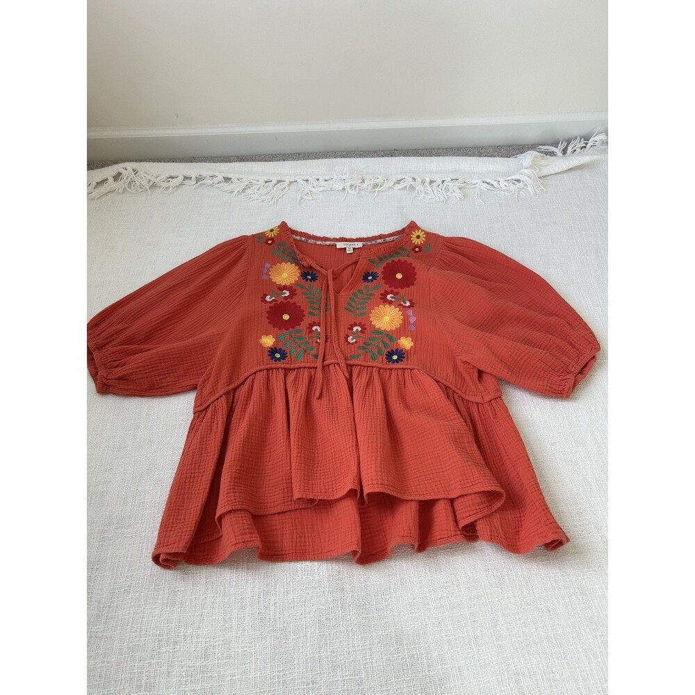 Umgee Cotton Gauze Floral Embroidery Baby Doll Top Size 2XL Orange Comfy Spring - Picture 7 of 9